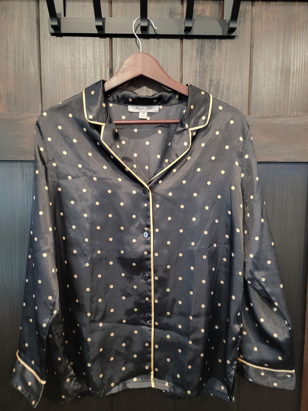 Morgan Taylor Black Satin Polka Dot with Gold Trim Pajama Shirt & Pants